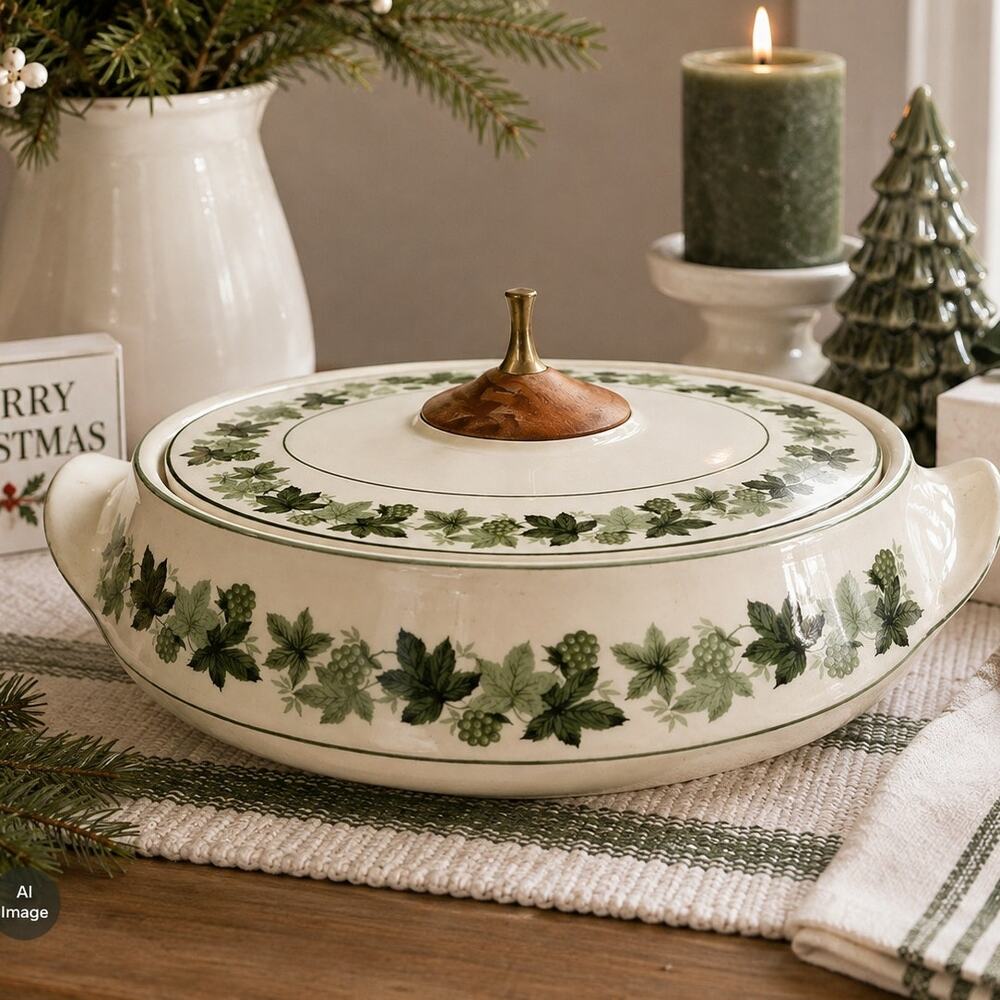 🌱🍽️💚Retro Green White Grapevine Casserole Dish 60s Taylor Smith Greenbriar